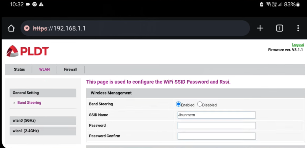picture showing change password feilds under the wlan section