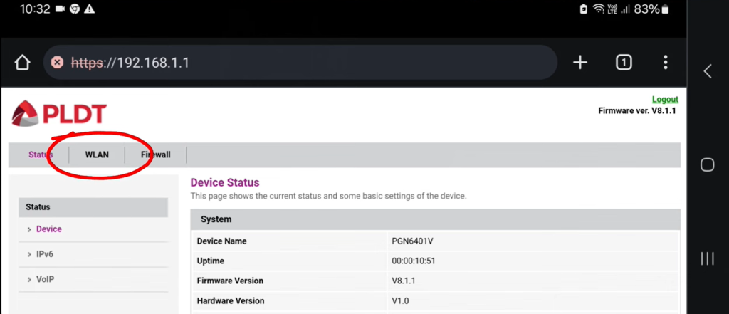 picture showing wlan option in pldt wifi portal